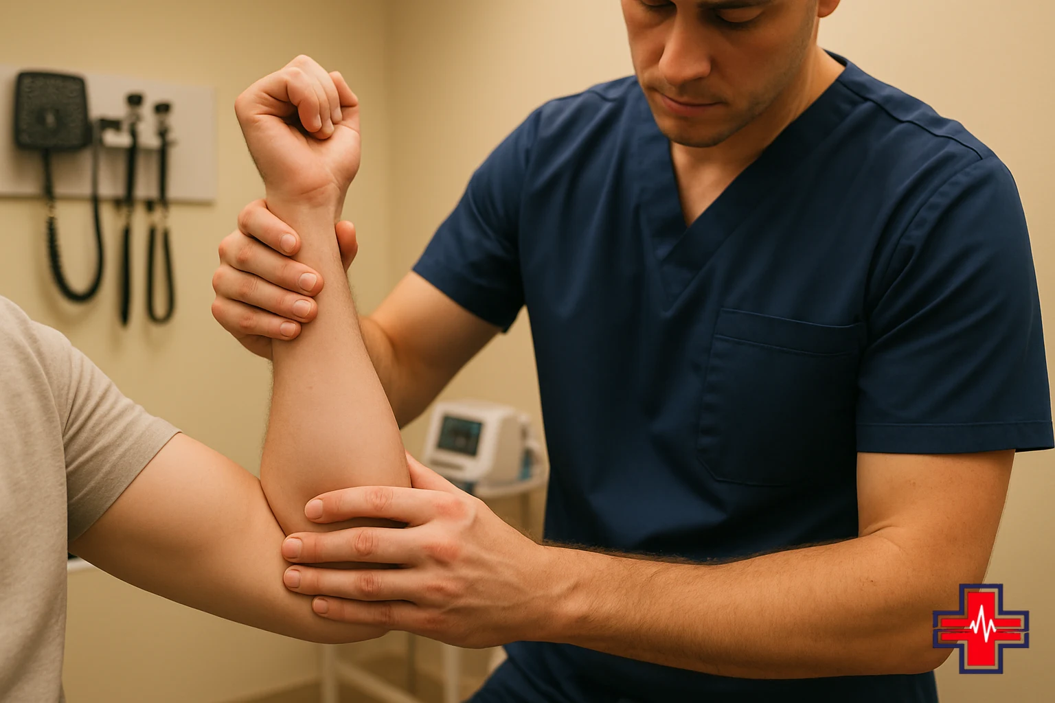 Healthcare provider examining patient's arm pain during physical evaluation at emergency room