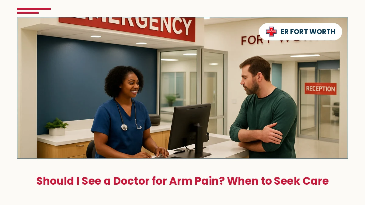 Welcoming emergency room reception area where patients decide if they should see a doctor for arm pain
