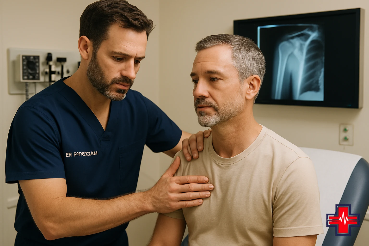 Physician performing shoulder dislocation emergency examination with X-ray imaging visible in treatment room