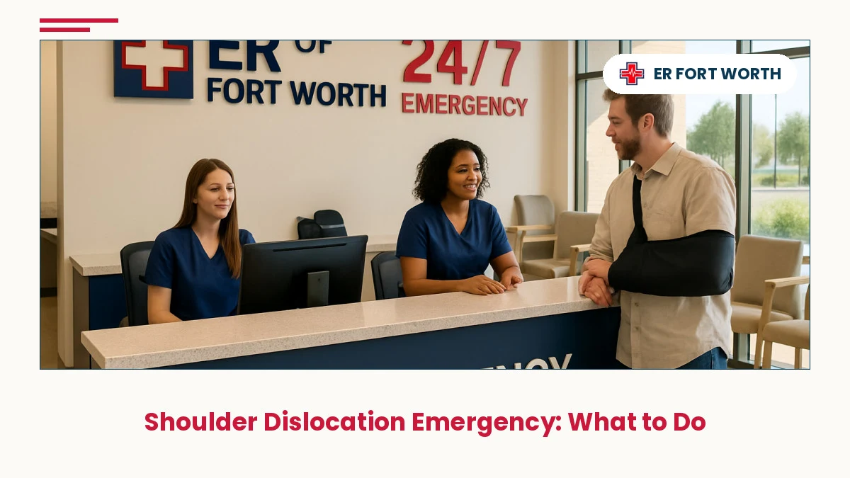 ER Of Fort Worth 24/7 emergency room reception desk with welcoming staff and patient in shoulder sling for dislocation care