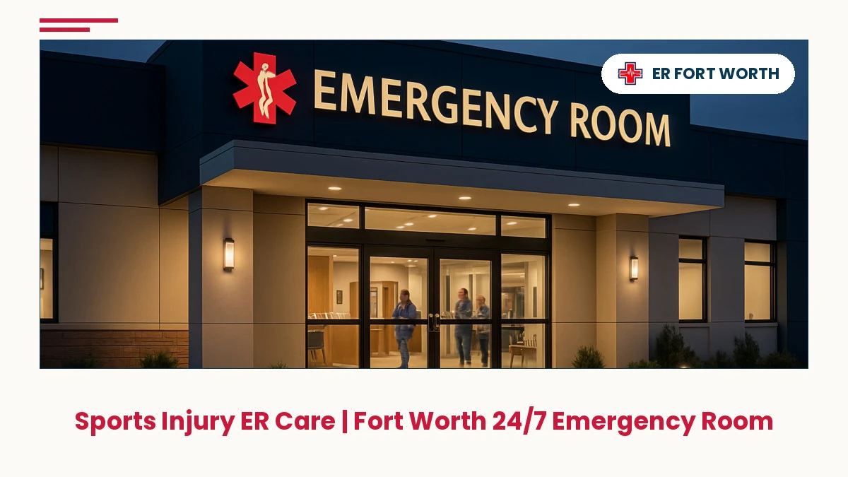 Fort Worth emergency room exterior at night with illuminated entrance doors and welcoming signage for sports injury ER care