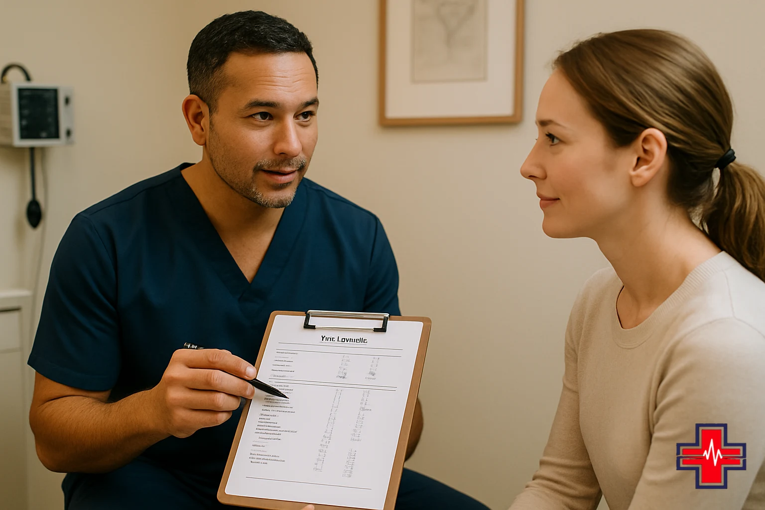 Healthcare provider conducting private STD test results consultation with patient in confidential exam room at Fort Worth emergency room