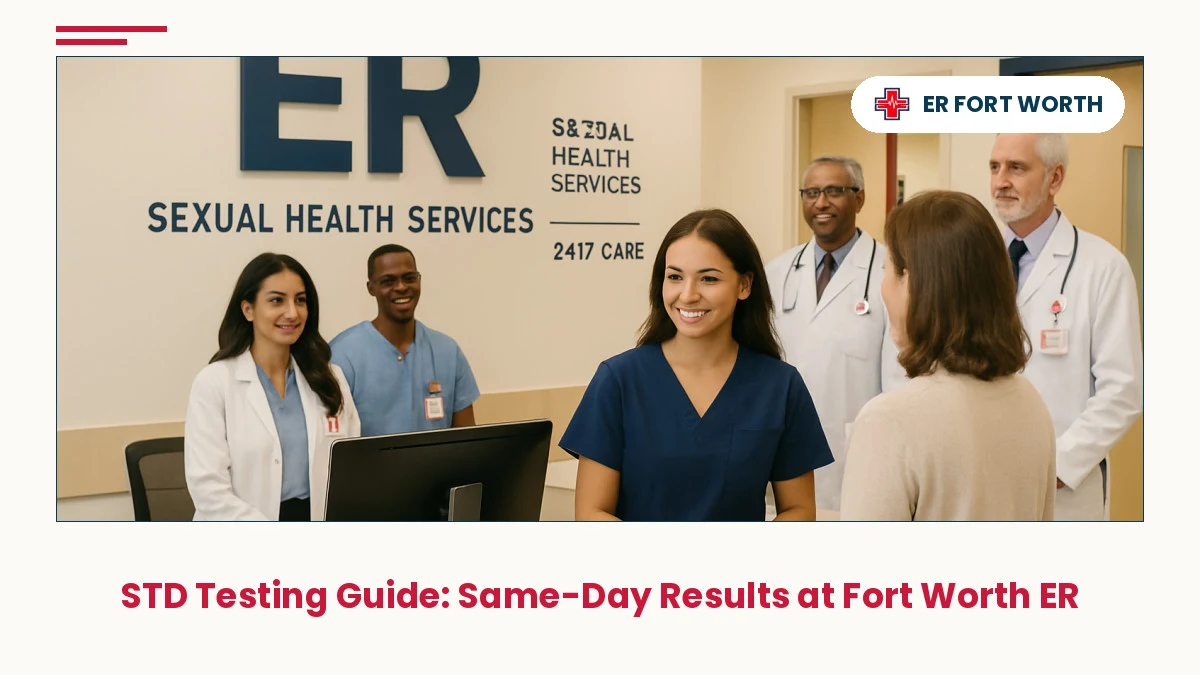 ER of Fort Worth reception area with diverse healthcare team providing welcoming STD testing and confidential sexual health screening 24/7