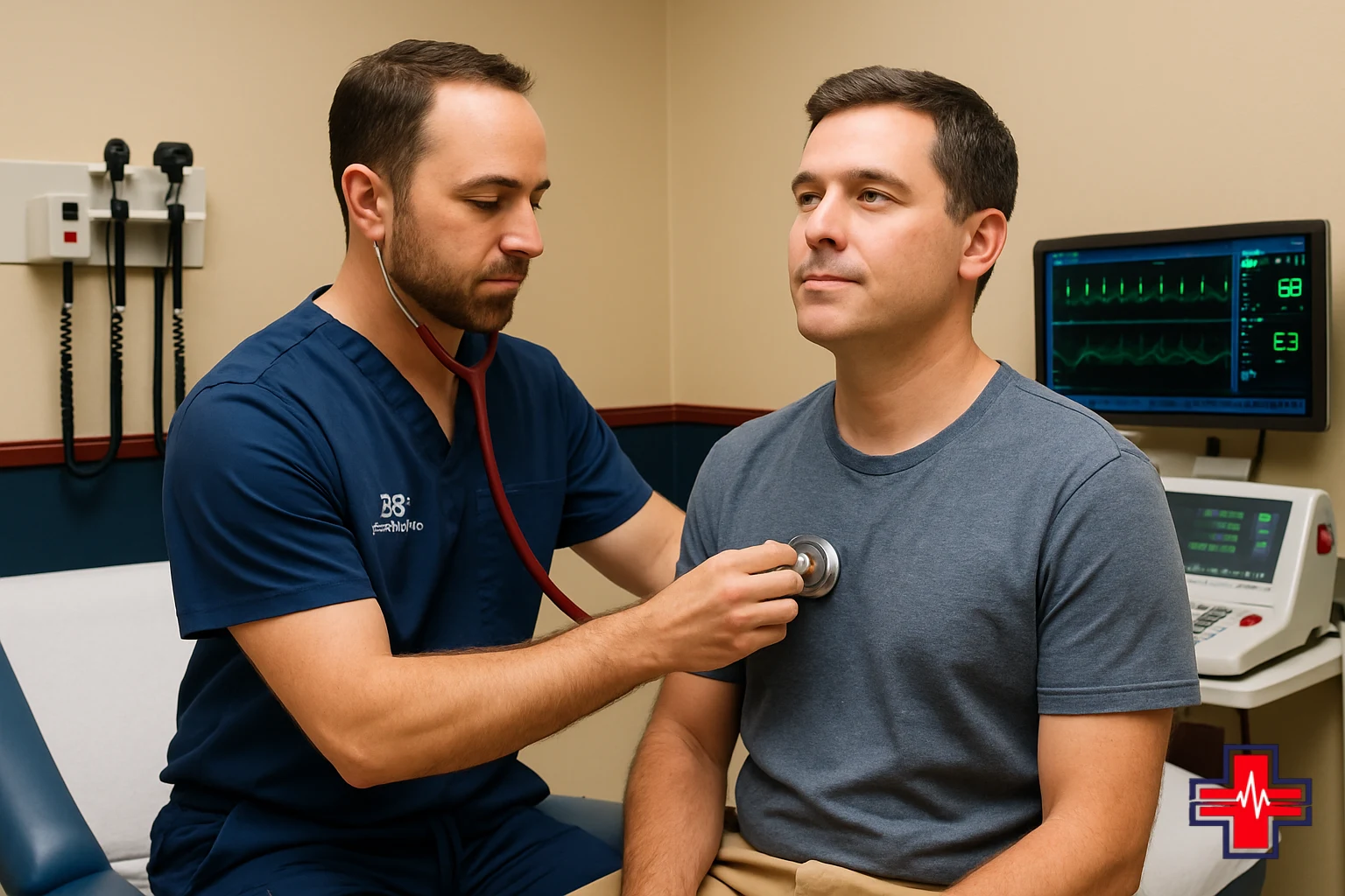 Emergency physician evaluating patient for sudden chest pain causes using EKG machine in modern clinical examination room