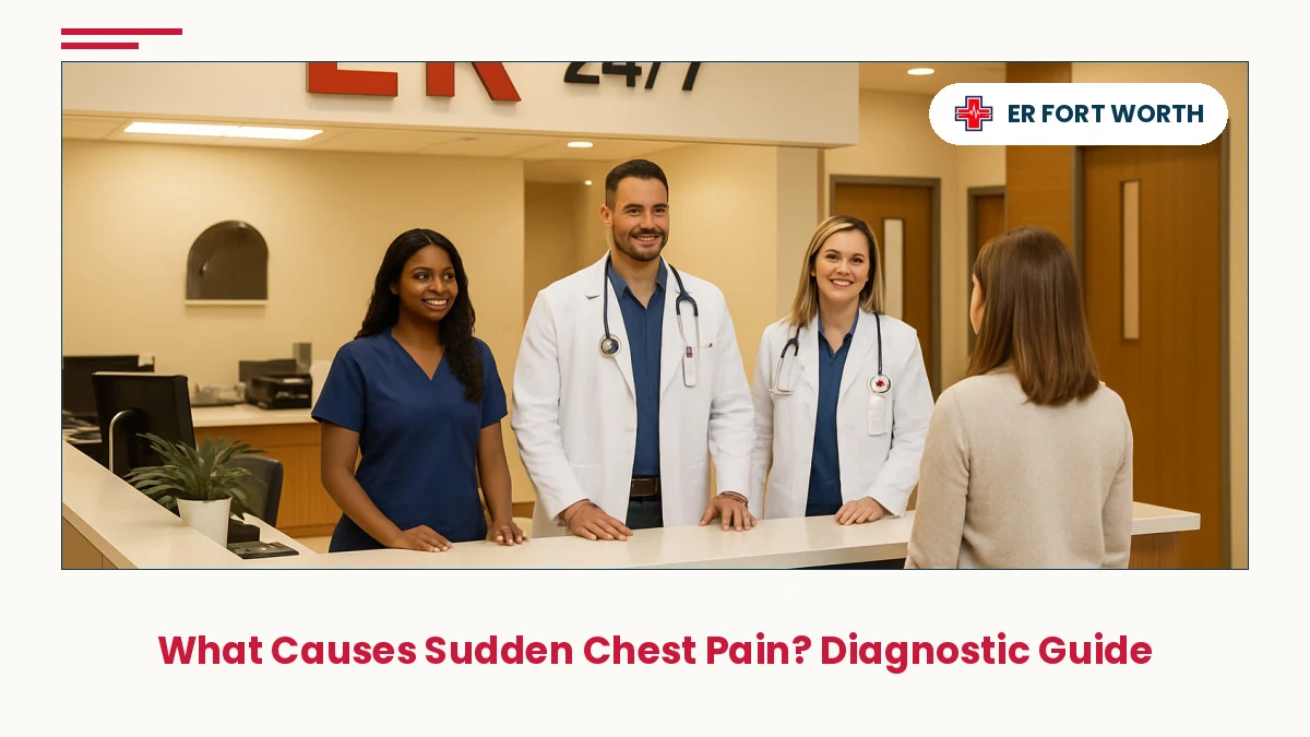 Welcoming ER reception desk with caring staff in navy scrubs greeting patient — Fort Worth 24/7 emergency room for chest pain and cardiac ev