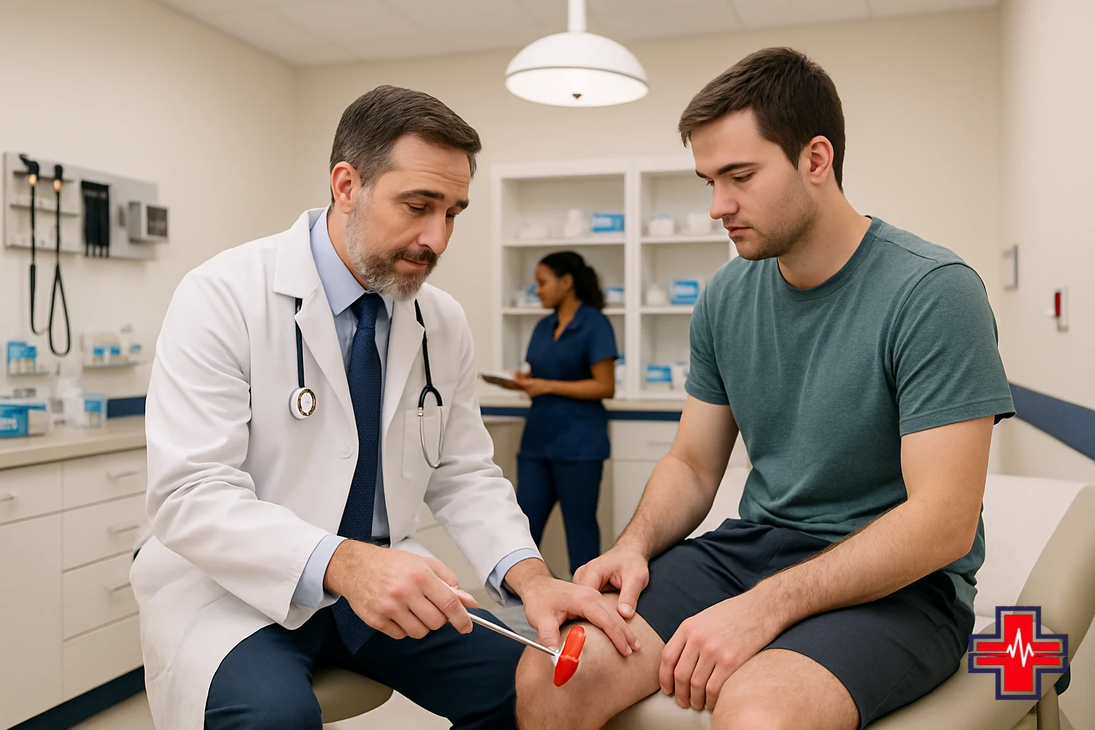 Doctor performing neurological exam to assess sudden back pain and check for nerve damage or spinal cord involvement.