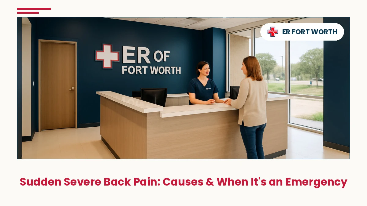 ER Of Fort Worth reception desk with welcoming medical staff assisting patient during sudden severe back pain evaluation.