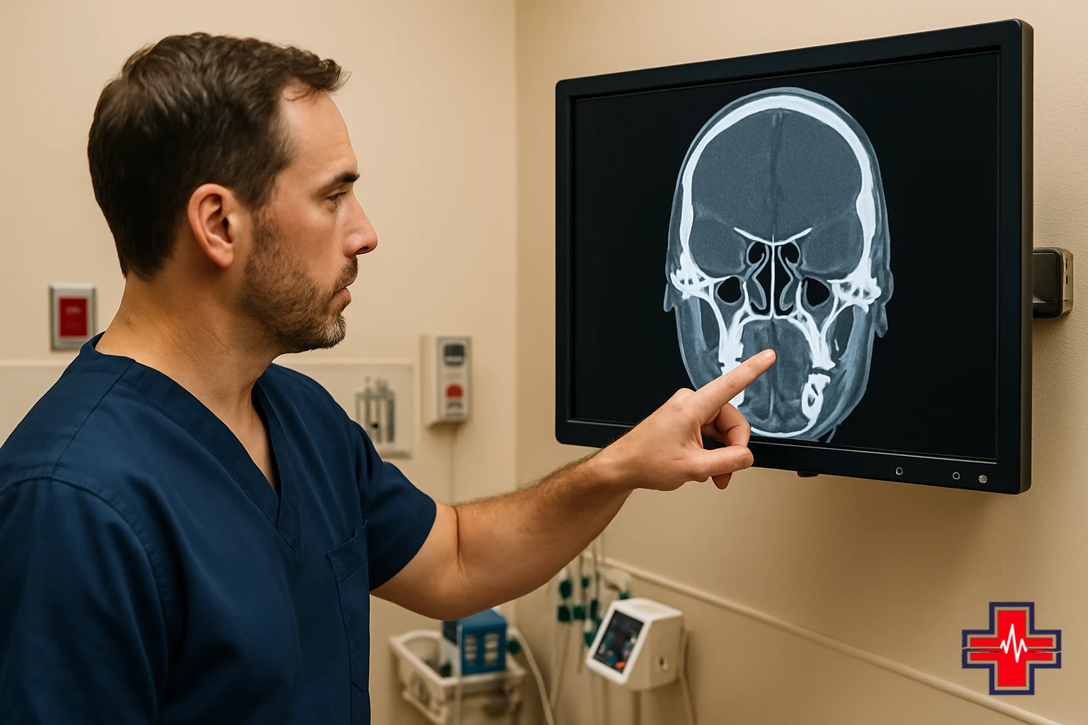 ER physician reviews CT scan showing facial structures to diagnose swollen face and dental abscess infection