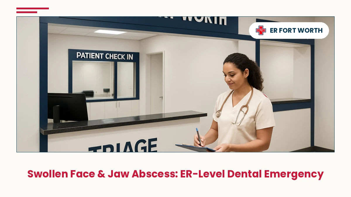 ER Of Fort Worth triage desk with nursing staff ready to evaluate facial swelling and jaw abscess emergencies 24/7