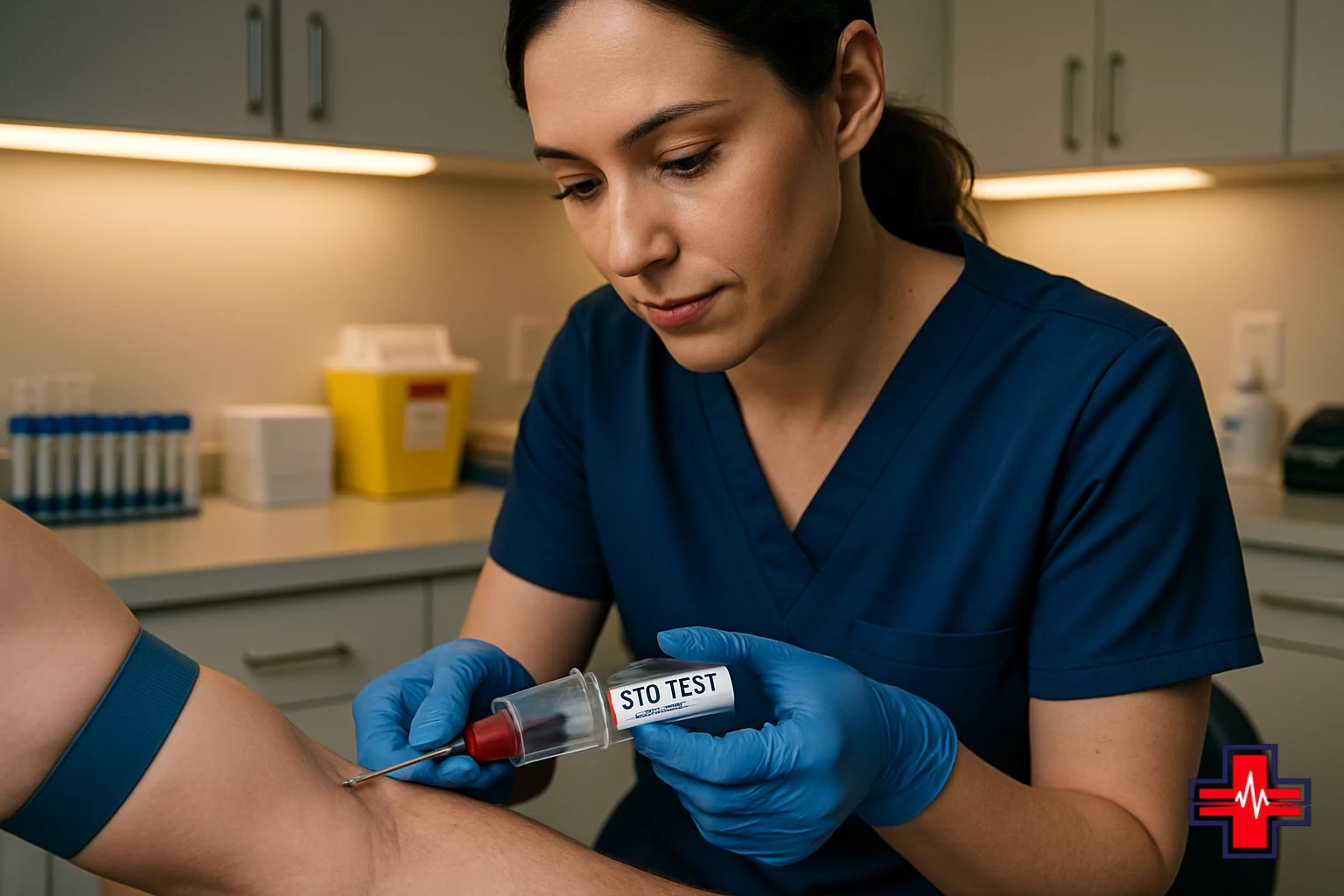 Clinical technician performing rapid plasma reagin blood test collection for syphilis screening