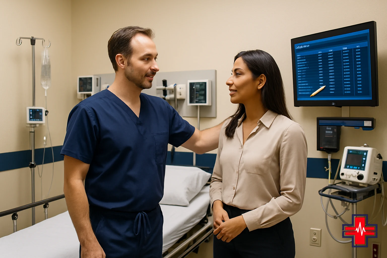 ER doctor reviewing fever diagnosis and blood test results with patient in a modern Fort Worth emergency room treatment area.