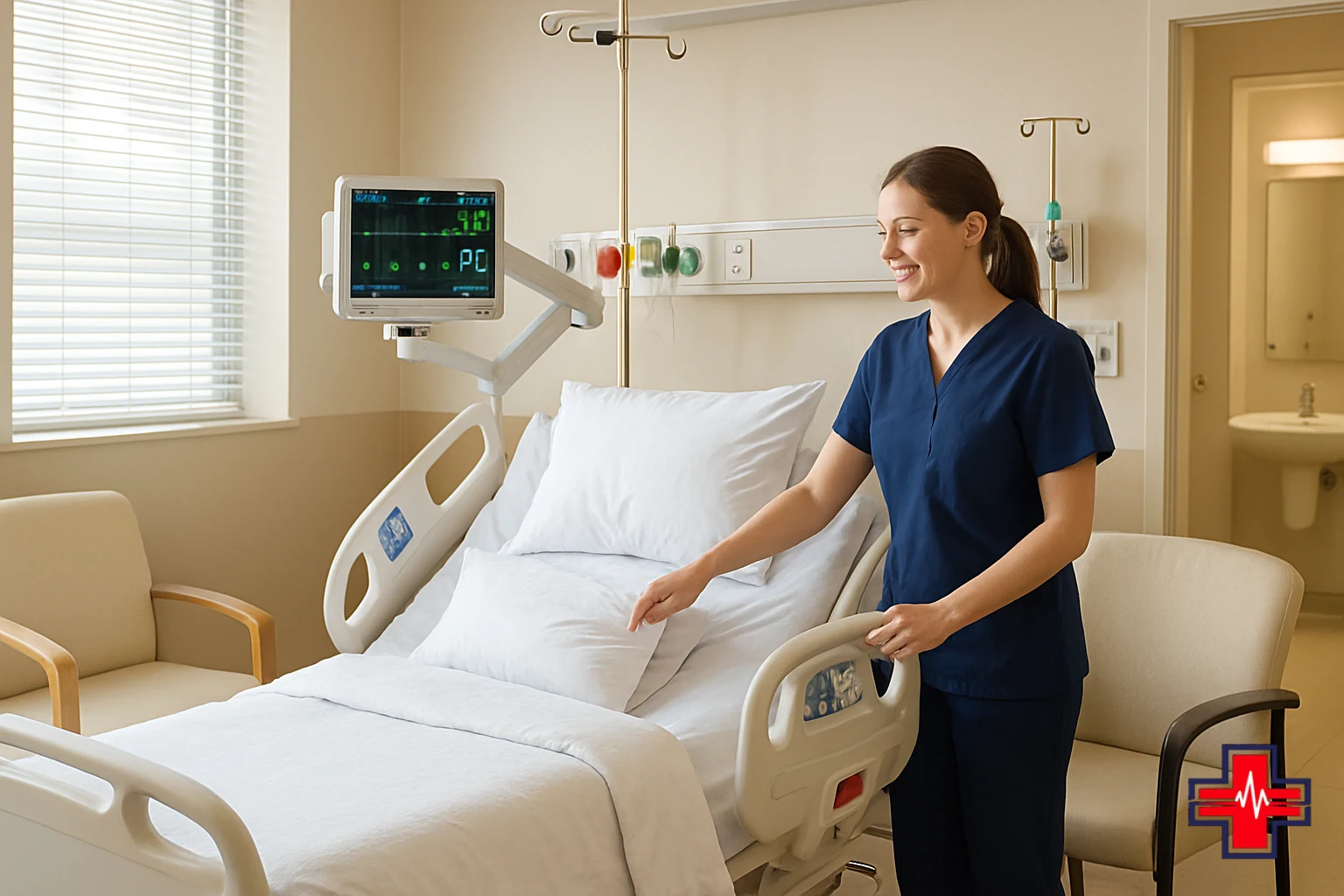 Hospital observation room with monitored bed, cardiac monitor, and comfortable seating for continuous patient observation and vital sign tra