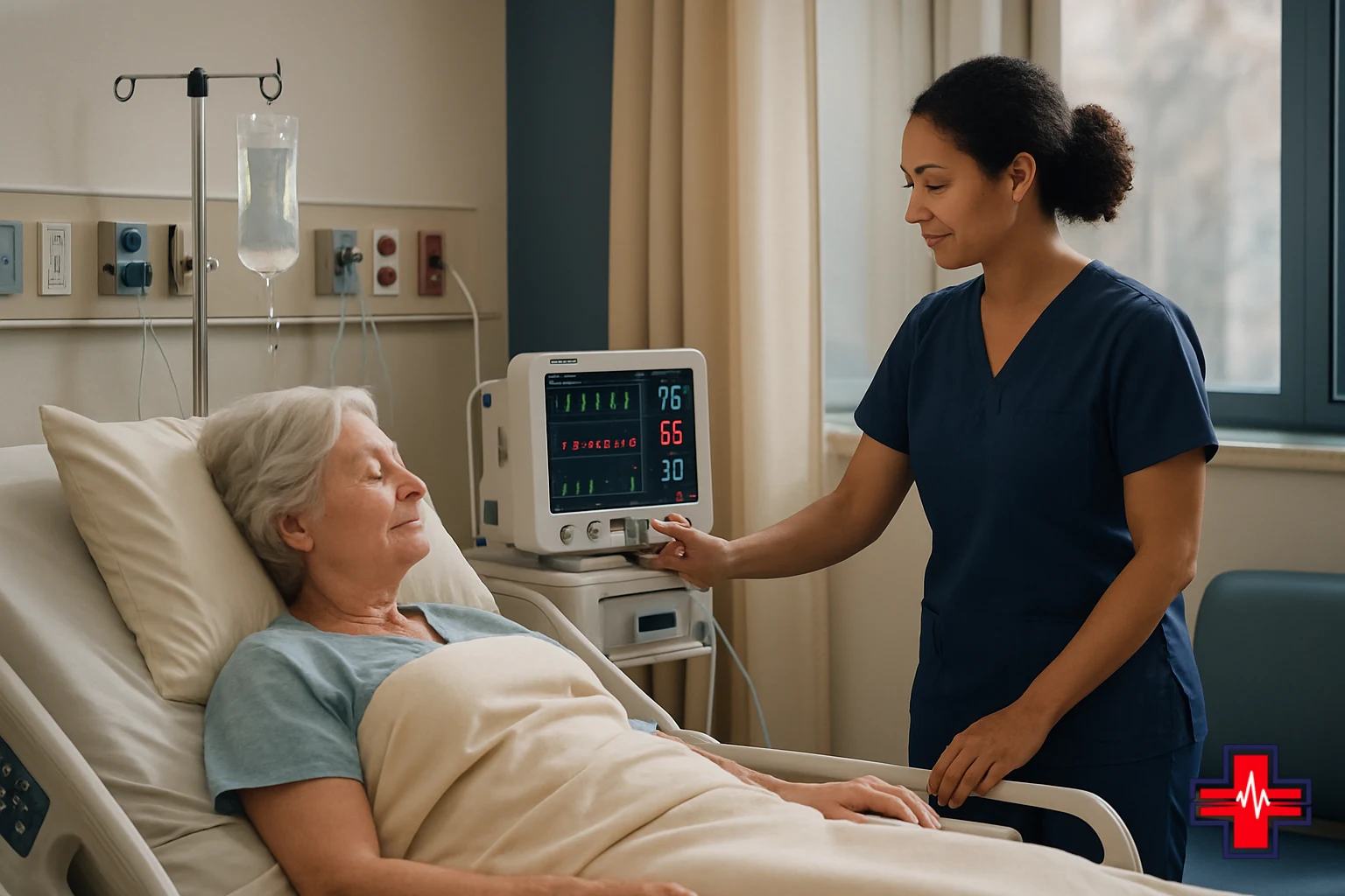 Nurse monitoring patient vitals during observation status hospital stay with bedside medical equipment