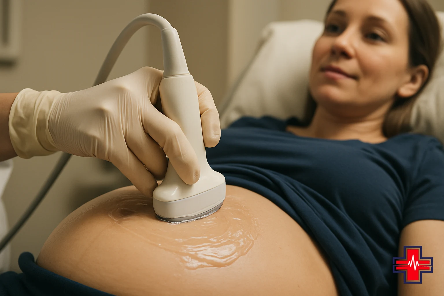 Second trimester ultrasound imaging showing sonographer applying transducer during optimal 20-24 week window for 3D prenatal visualization