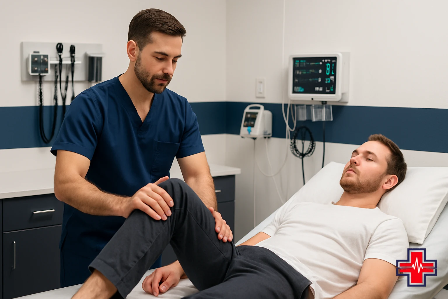 ER physician performing neurological examination and strength testing to assess back pain and spinal injury symptoms in Fort Worth emergency
