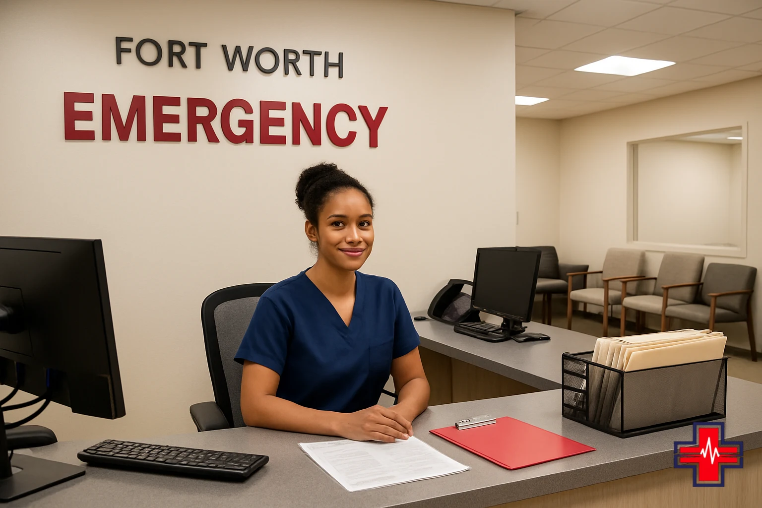 Professional nurse or registration staff at ER triage desk taking patient information and vital signs including temperature monitoring for f