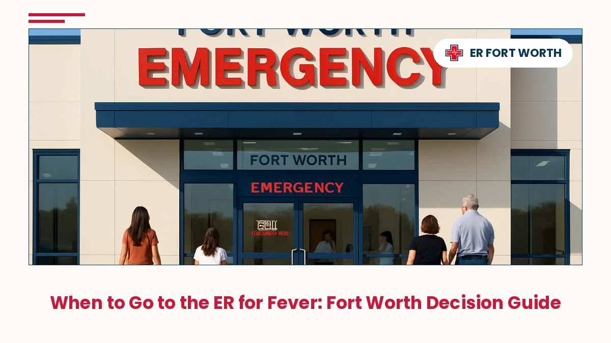 Modern, welcoming Fort Worth emergency room exterior with glass doors, daytime light, professional medical signage, and approachable archite