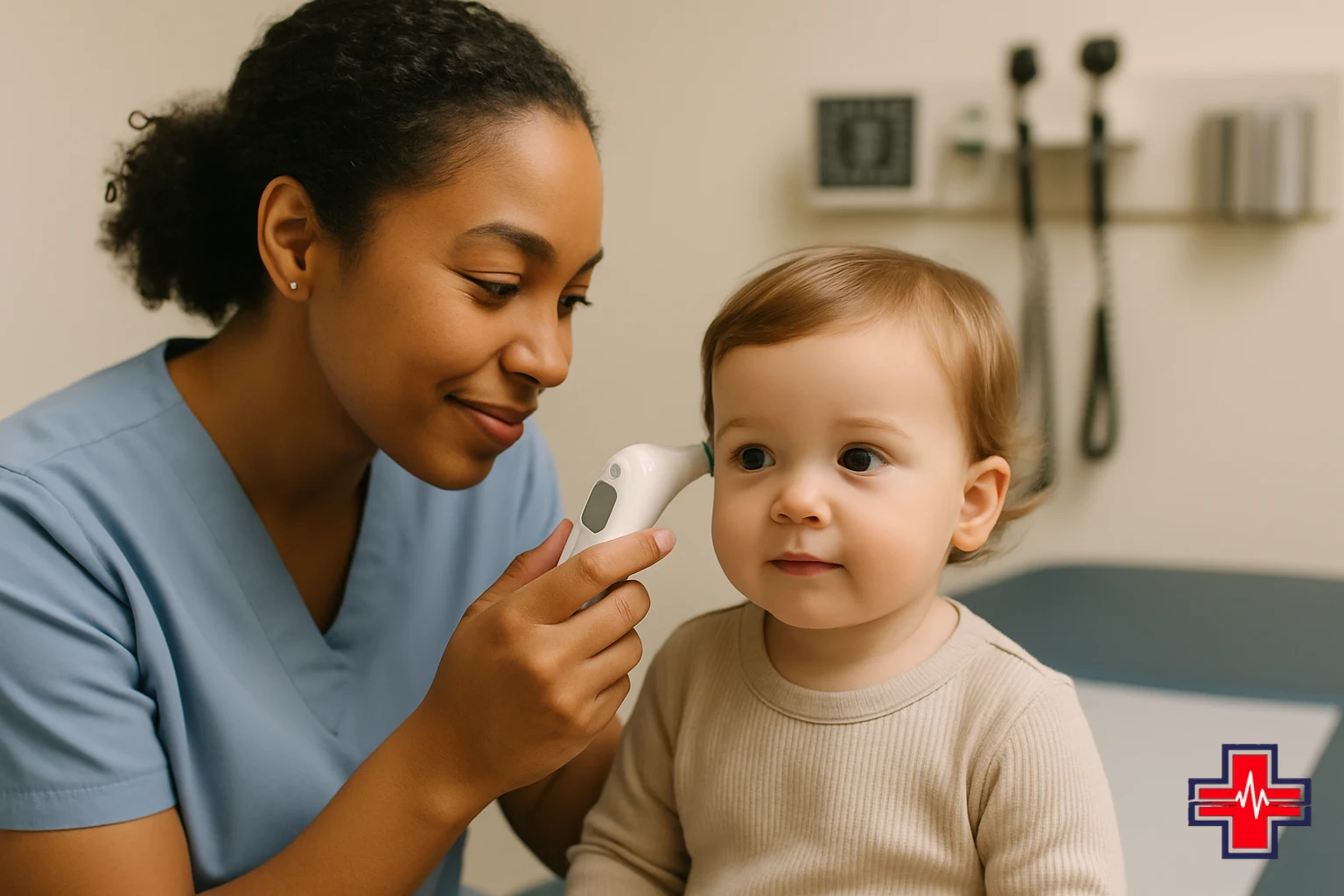 Pediatric nurse checking child's fever temperature during emergency room assessment