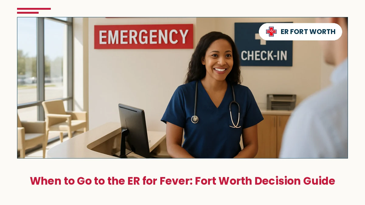 Compassionate nurse greeting patient at Fort Worth ER reception desk during fever evaluation