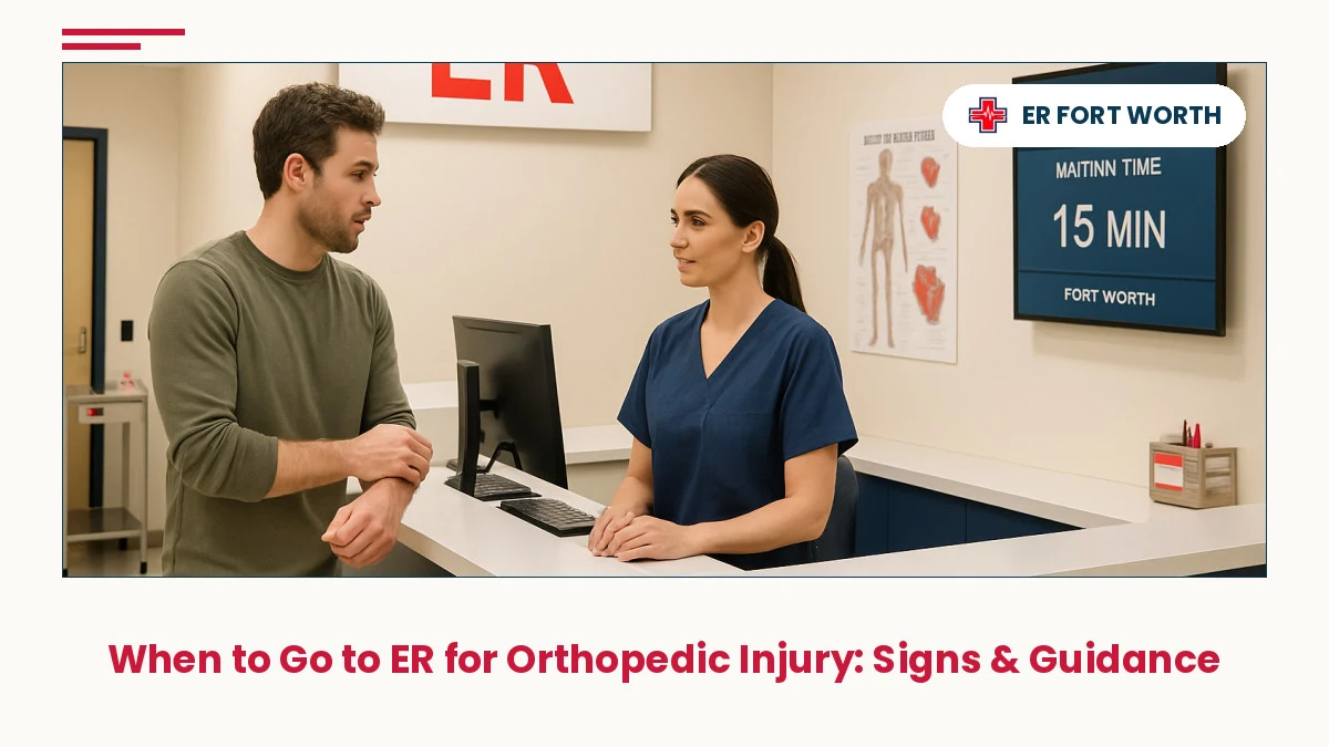ER reception desk in Fort Worth showing patient check-in with nurse for orthopedic injury evaluation