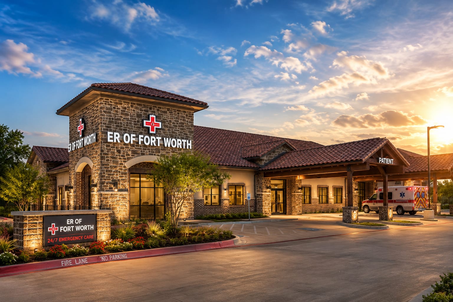 ER Of Fort Worth — Spanish-style 24/7 emergency room building exterior