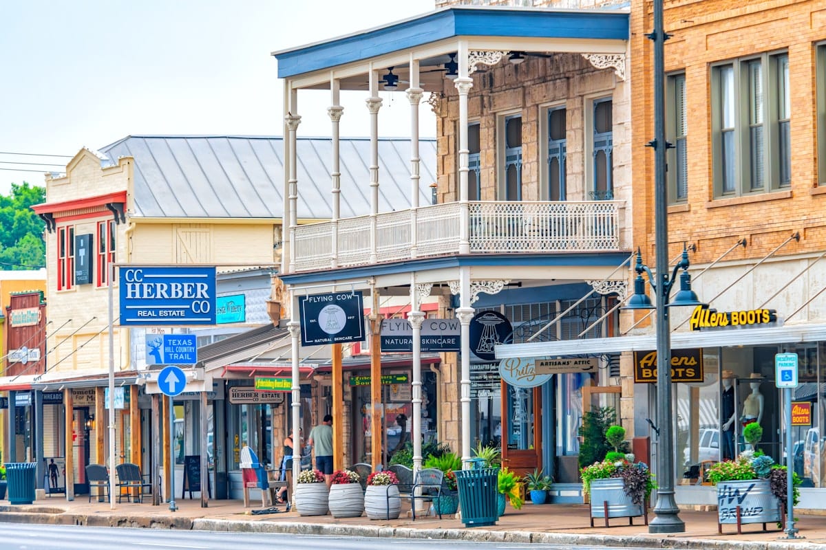 Historic storefronts along Main Street in Grapevine, TX